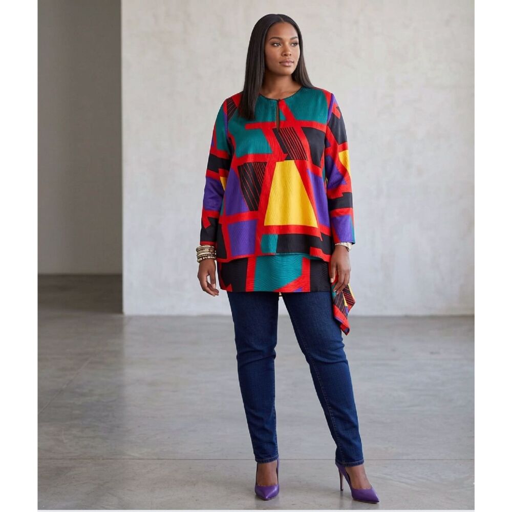 Vintage 80s 90s Abstract Colorblock Blouse 2X Plus Size or Oversized Tunic Dress